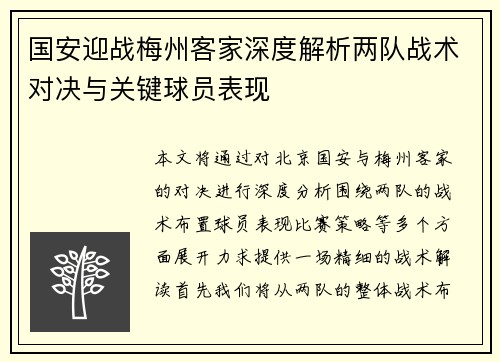 国安迎战梅州客家深度解析两队战术对决与关键球员表现